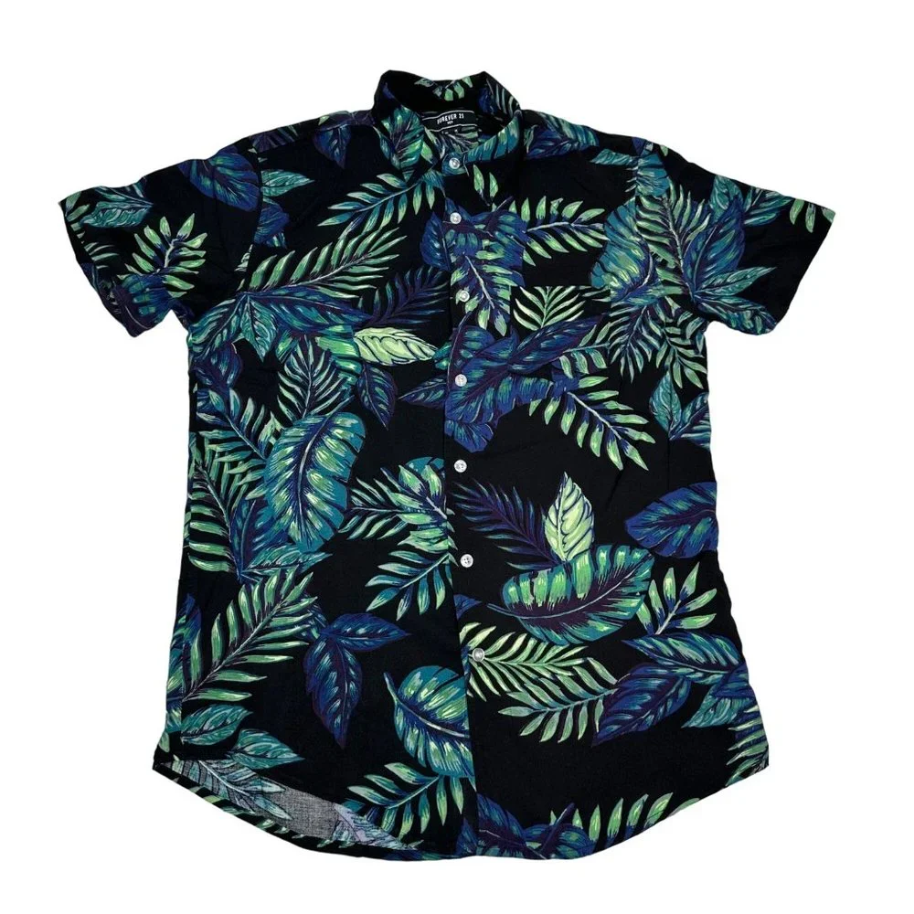 Forever 21 Shirt Mens Medium Black Green Leaf Short Sleeve Button Front Hawaiian - Picture 1 of 9